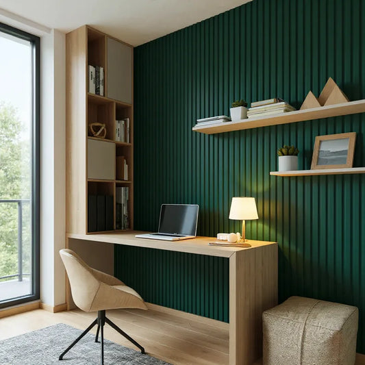 Modern home office with wooden desk, chair, and shelves against a green wall.