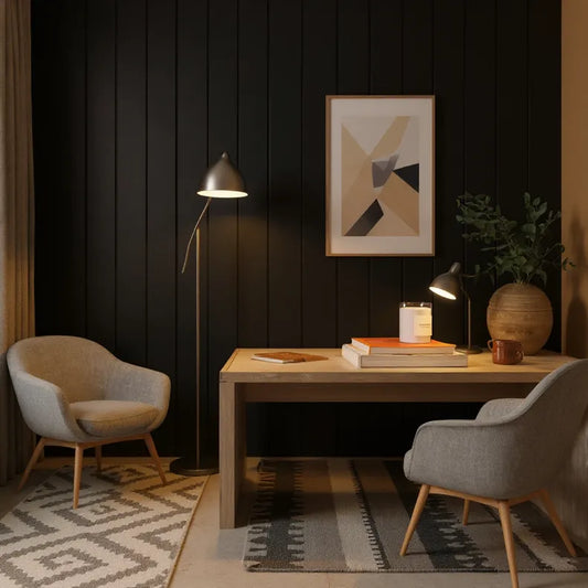 Modern home office with a desk, chairs, and decorative elements against a dark paneled wall.