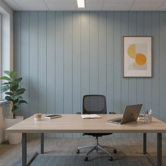 Modern office desk with chair, laptop, and decor against a blue paneled wall.