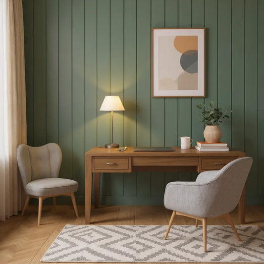 Home office with wooden desk, two chairs, lamp, and framed artwork on a green paneled wall.