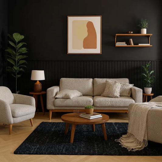 Modern living room with a beige sofa, armchair, and coffee table on a dark rug.