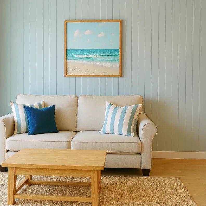Beige sofa with striped cushions in a living room with a beach-themed painting on the wall.