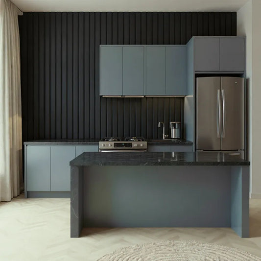 Modern kitchen with dark vertical ribbed wall panels, grey cabinets, black marble countertop, and stainless steel appliances.