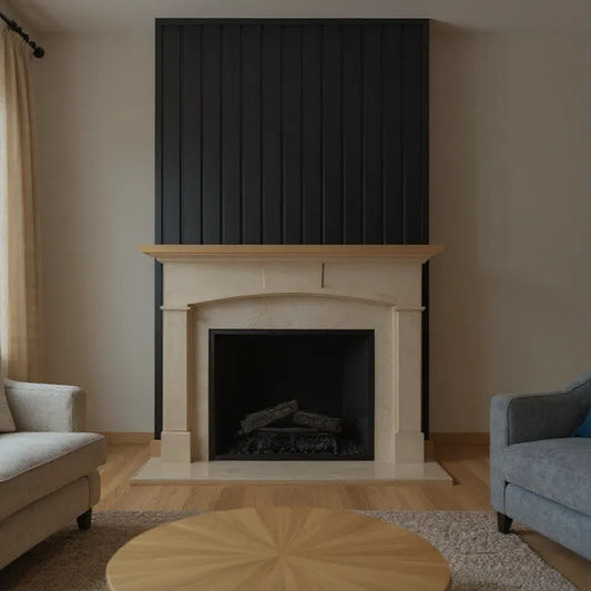 Living room with a fireplace and two couches. Slat wall panels as the feature piece on the mantle