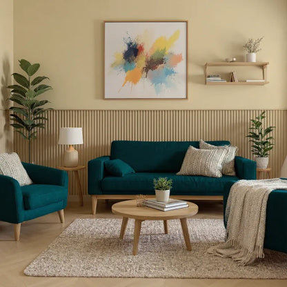 Modern living room with teal sofa, armchair, and coffee table.