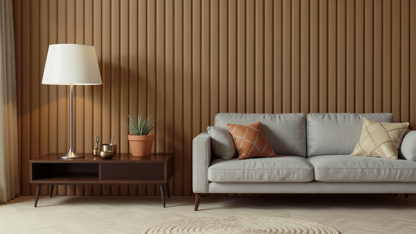 Gray sofa with decorative pillows in a living room setting with a lamp and ribbed wall panels in the background.