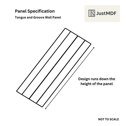 Diagram of a tongue and groove wall panel with JustMDF branding
