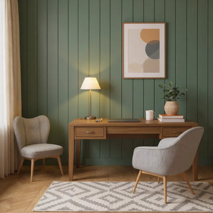 Home office with wooden desk, two chairs, lamp, and framed artwork on a green paneled wall.